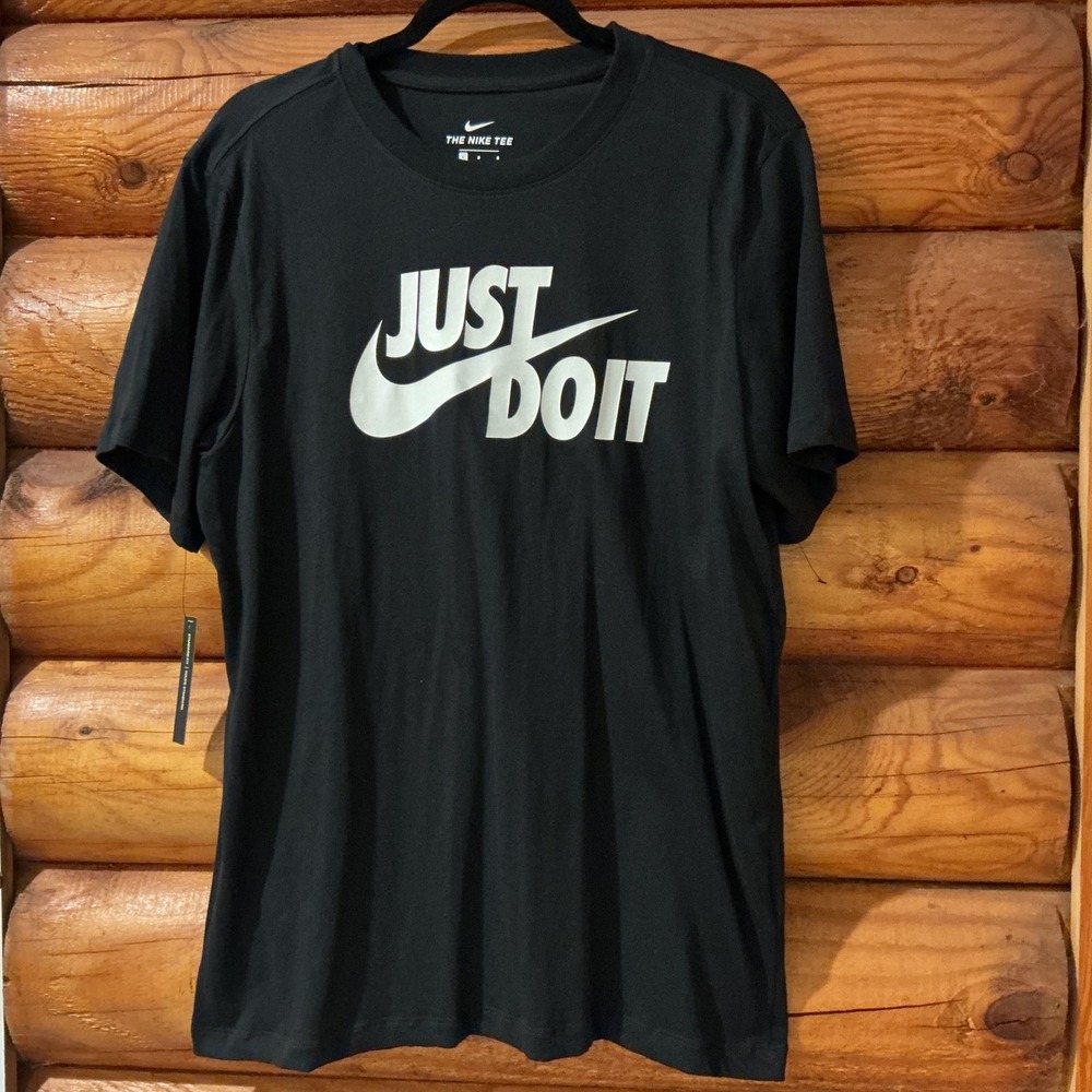 Nike Mens Just Do It Swoosh Logo Graphic T-Shirt Black Standard Fit Large NEW